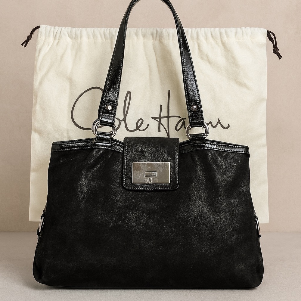 COLE HAAN SUPER SOFT SUEDE AND PATENT LEATHER SHOULDER BAG - Picture 14 of 14